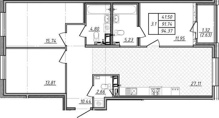 3-комнатная квартира 91.74 м², 2/13 эт., ЖК «Чёрная речка»